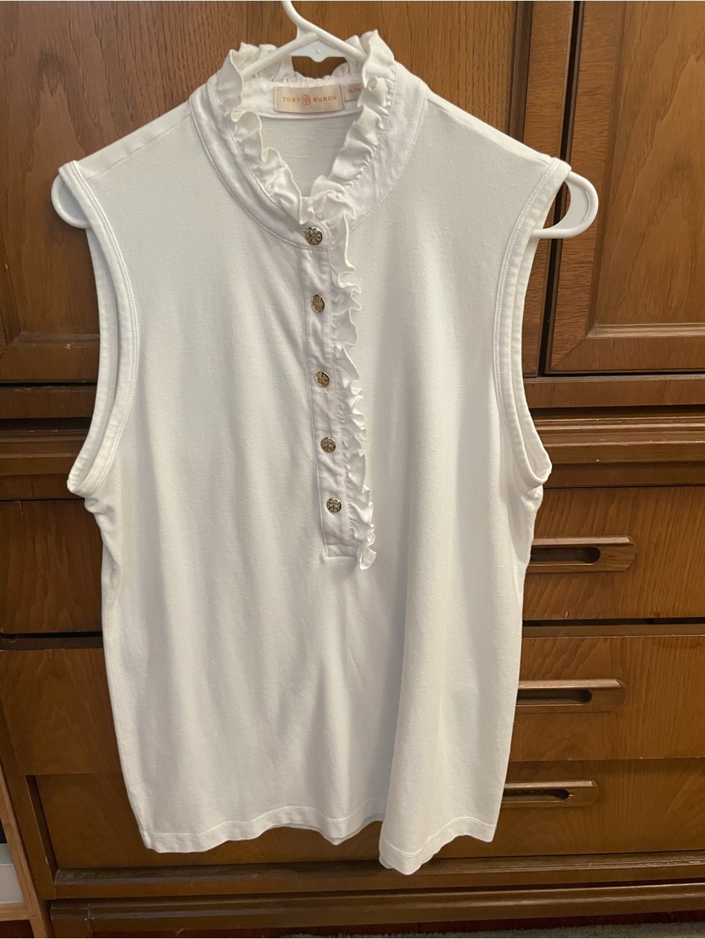 Rare XL Lidia Tory Burch White Ruffle Sleeveless Gold Logo Buttons Polo Tank